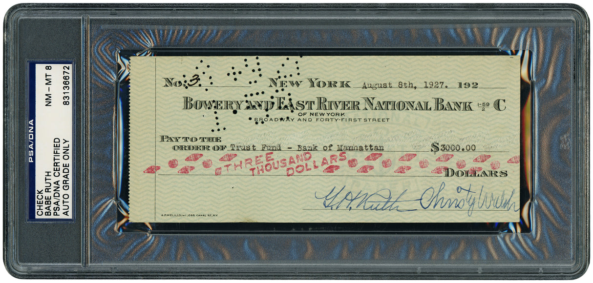 Babe Ruth & Christy Walsh Autographed New York Yankees Check Auto Grade Near Mint/Mint 8 PSA/DNA #83136672