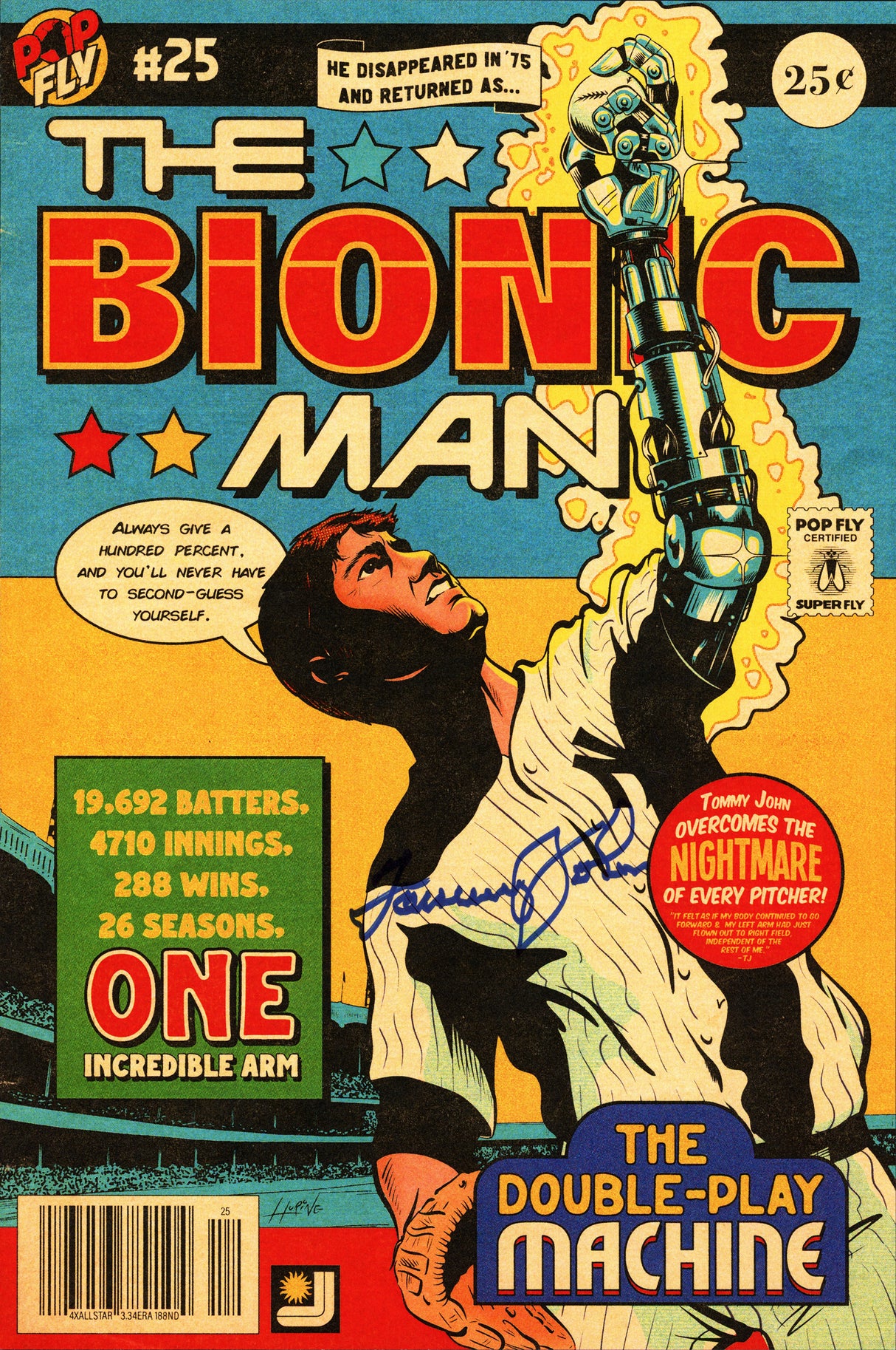 Tommy John Autographed Pop Fly Pop Shop Print New York Yankees "Bionic Man" Signed by Artist #298/401 SKU #266195
