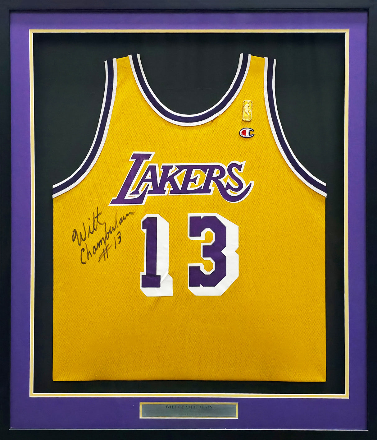 Los Angeles Lakers Wilt Chamberlain Autographed Framed Yellow Champion NBA 50th Anniversary Jersey "#13" Beckett BAS #AE51003