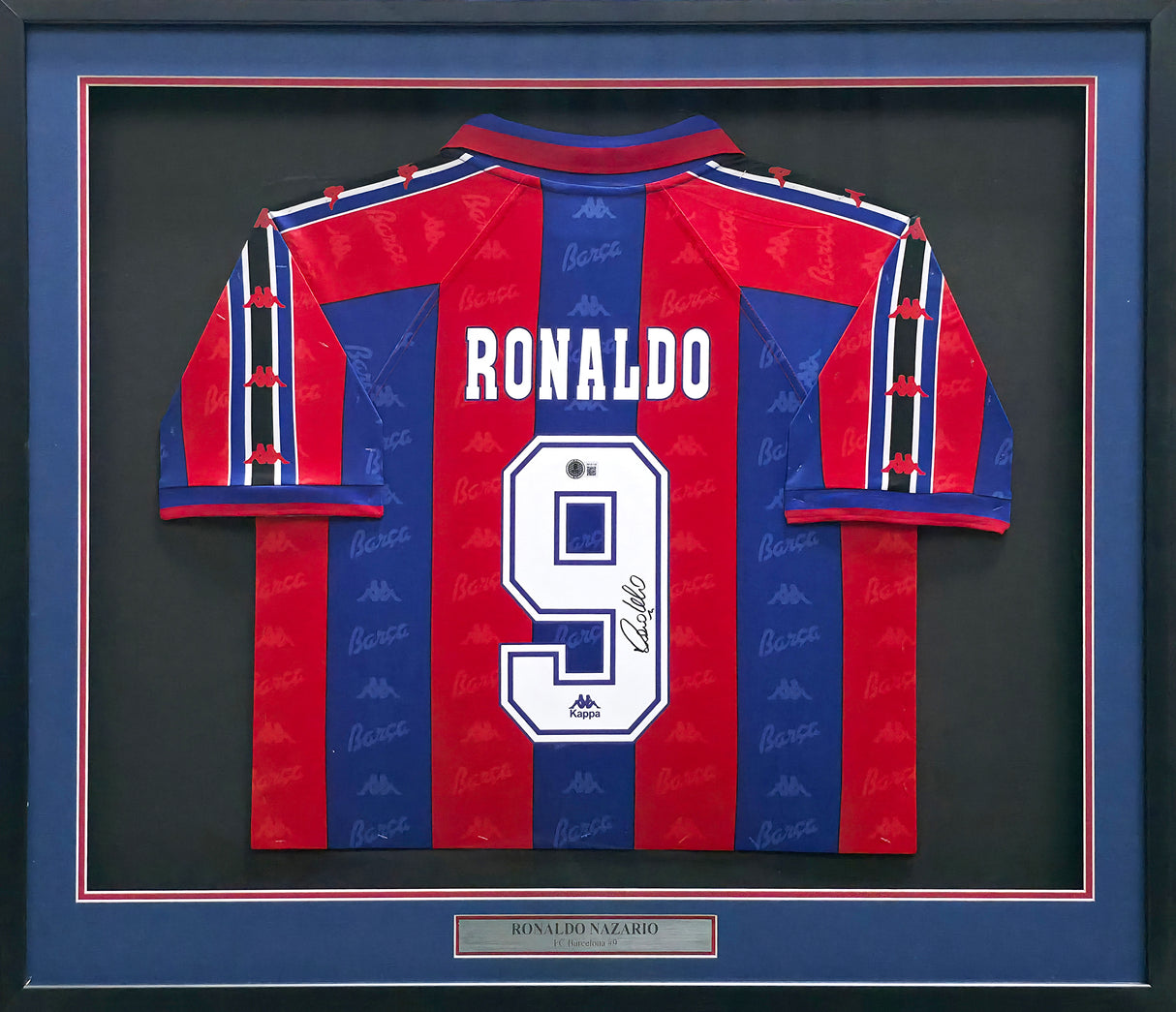 1996-97 FC Barcelona Ronaldo Nazario "The Phenomenon" Autographed Framed Red & Blue Kappa Jersey Beckett BAS Witness #3W181100