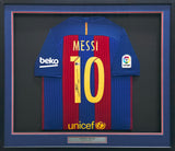 2016-17 FC Barcelona Lionel Messi Autographed Framed Red & Blue Nike Jersey Beckett BAS Witness #2W114358