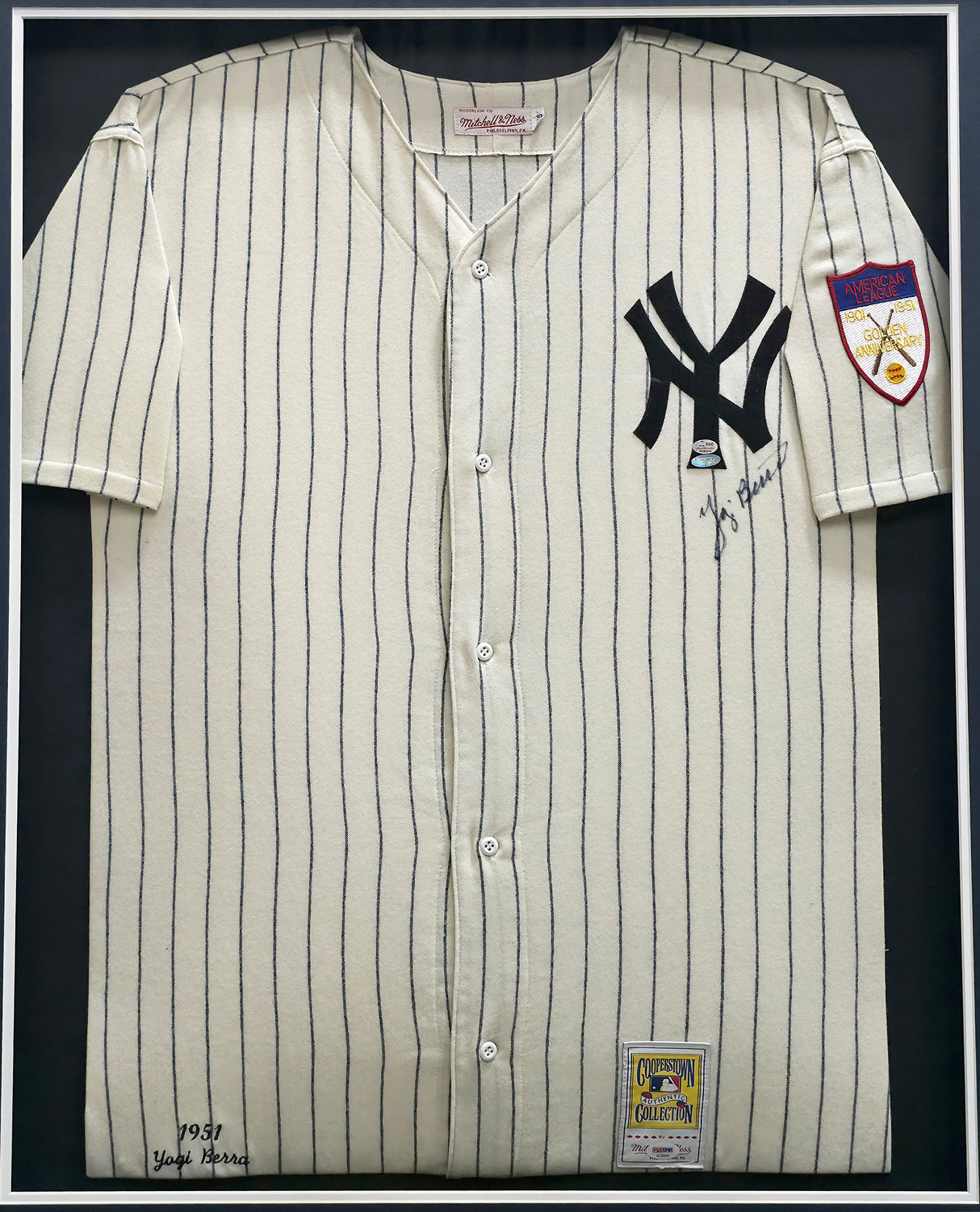 New York Yankees Yogi Berra Autographed Framed Cream Pinstripes Mitchell & Ness AL 50 Year Jersey PSA/DNA #AE20639