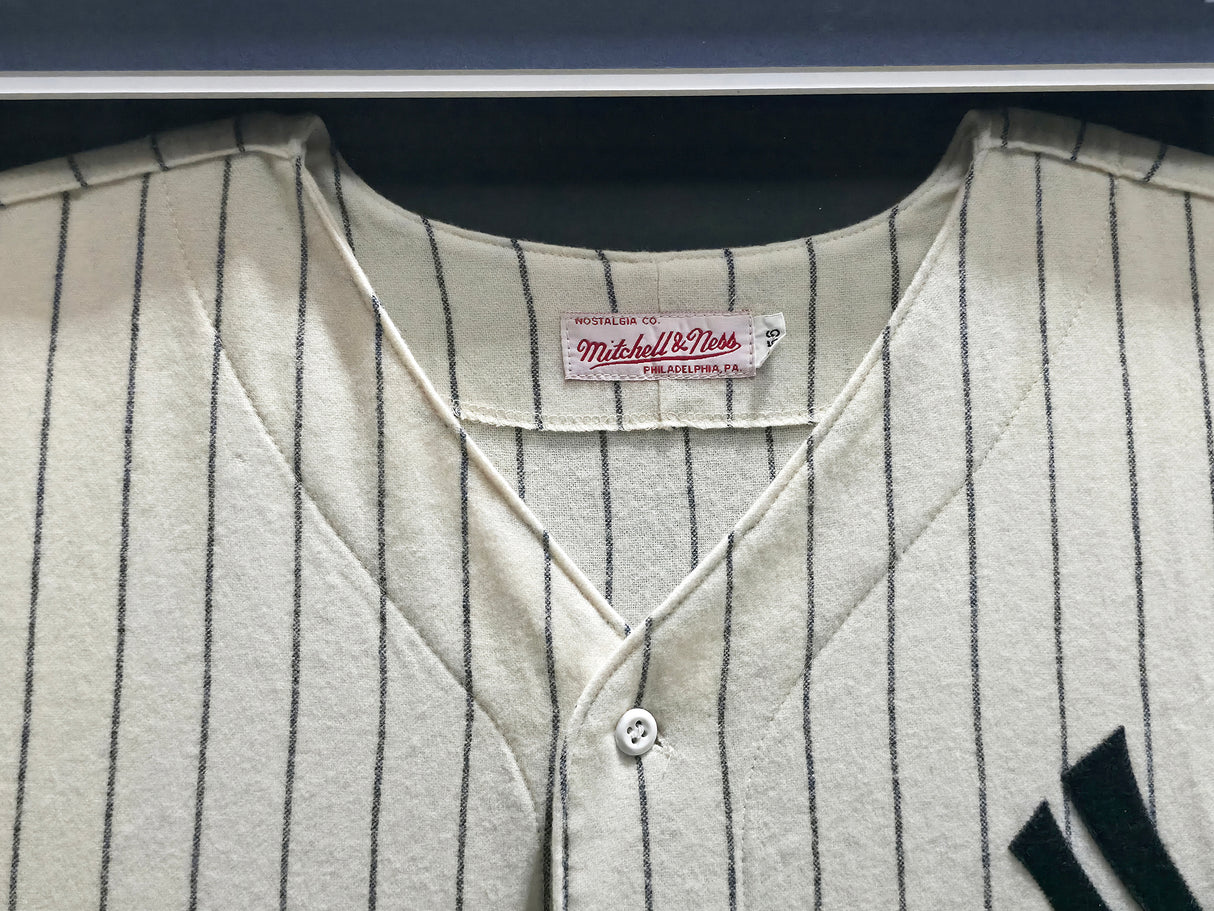 New York Yankees Yogi Berra Autographed Framed Cream Pinstripes Mitchell & Ness AL 50 Year Jersey PSA/DNA #AE20639