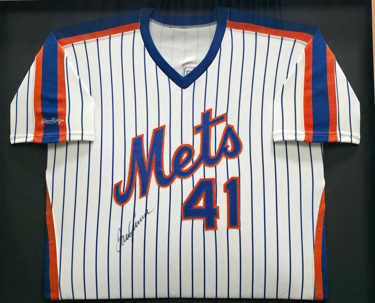 New York Mets Tom Seaver Autographed Framed White Pinstripes Rawlings 1990 Team Issued Jersey Beckett BAS QR #BU84001