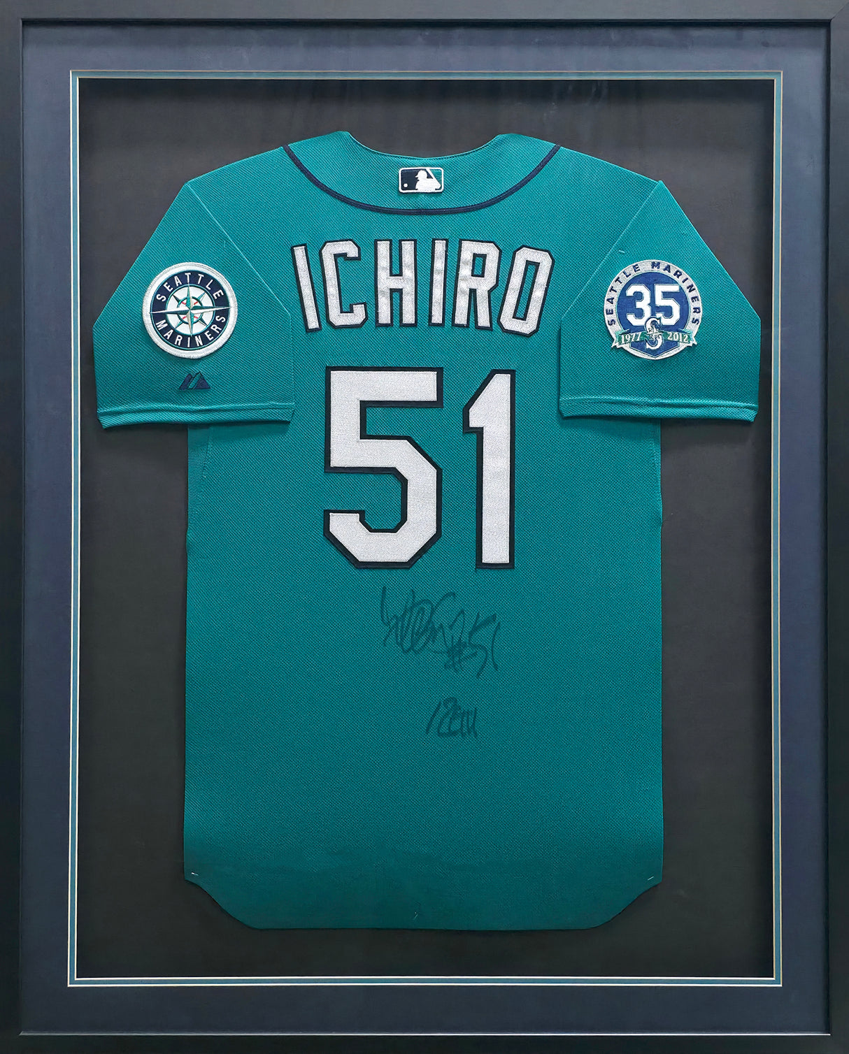 Seattle Mariners Ichiro Suzuki Autographed Framed Teal Majestic 35th Anniversary Game Used Jersey "12 GU & #51" SKU #266240