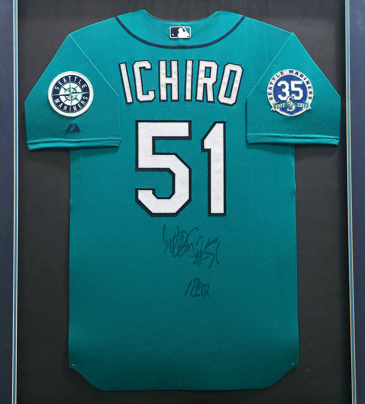 Seattle Mariners Ichiro Suzuki Autographed Framed Teal Majestic 35th Anniversary Game Used Jersey "12 GU & #51" SKU #266240