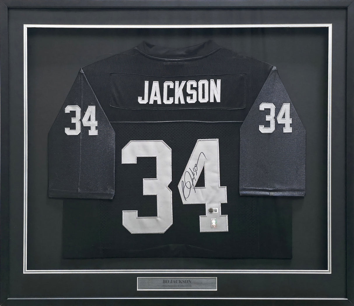 Oakland Raiders Bo Jackson Autographed Framed Black Mitchell & Ness 1987 Throwback Jersey Beckett BAS QR #BU86725