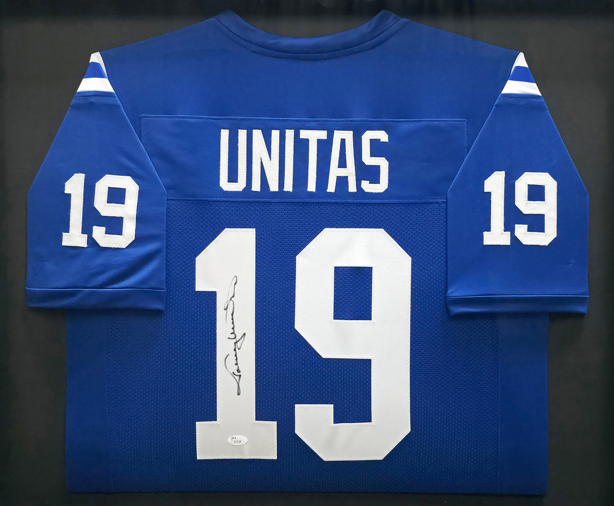 Baltimore Colts Johnny Unitas Autographed Framed Blue Jersey JSA #Z72538