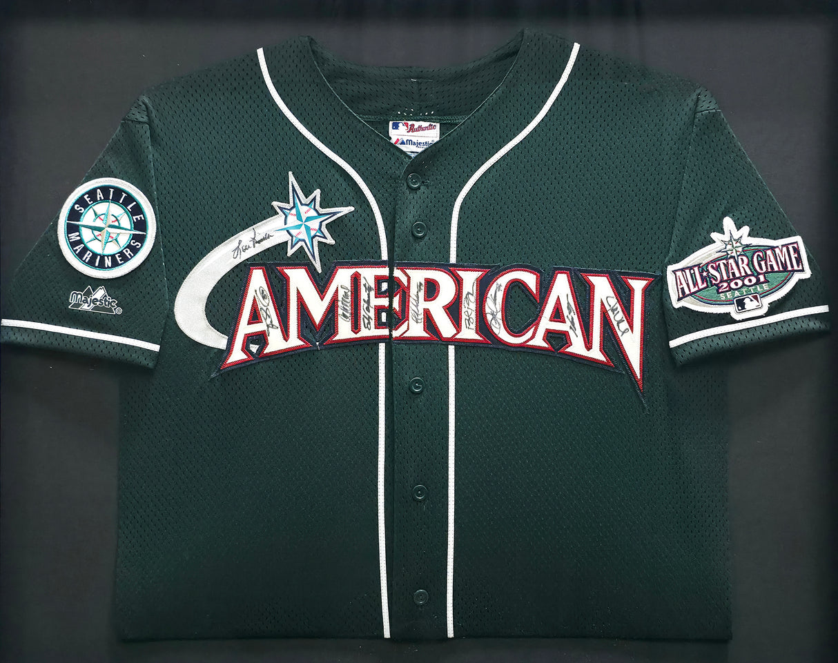 2001 Seattle Mariners All Star Team Autographed Framed Green Majestic Jersey With 9 Signatures Including Ichiro Suzuki Beckett BAS #AE16698