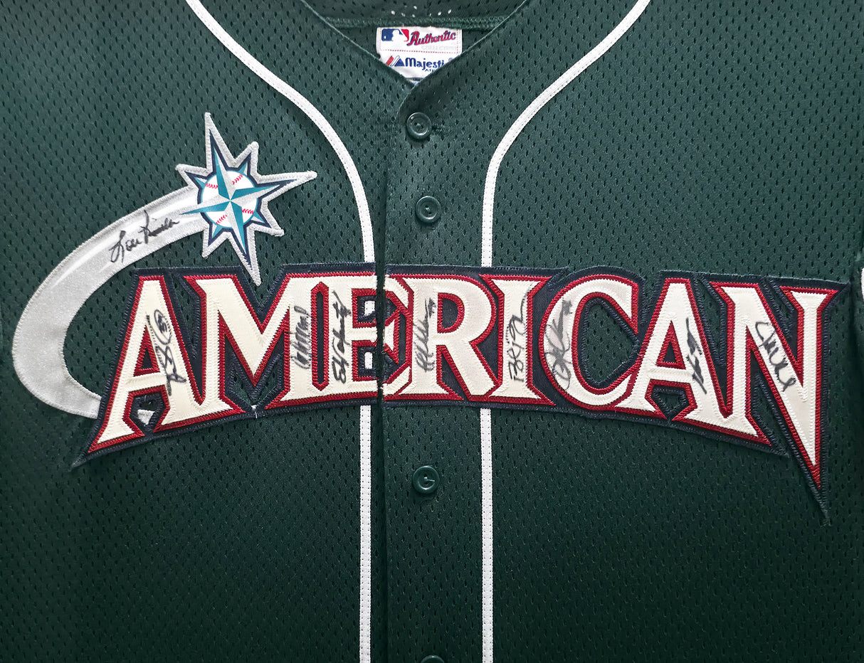 2001 Seattle Mariners All Star Team Autographed Framed Green Majestic Jersey With 9 Signatures Including Ichiro Suzuki Beckett BAS #AE16698