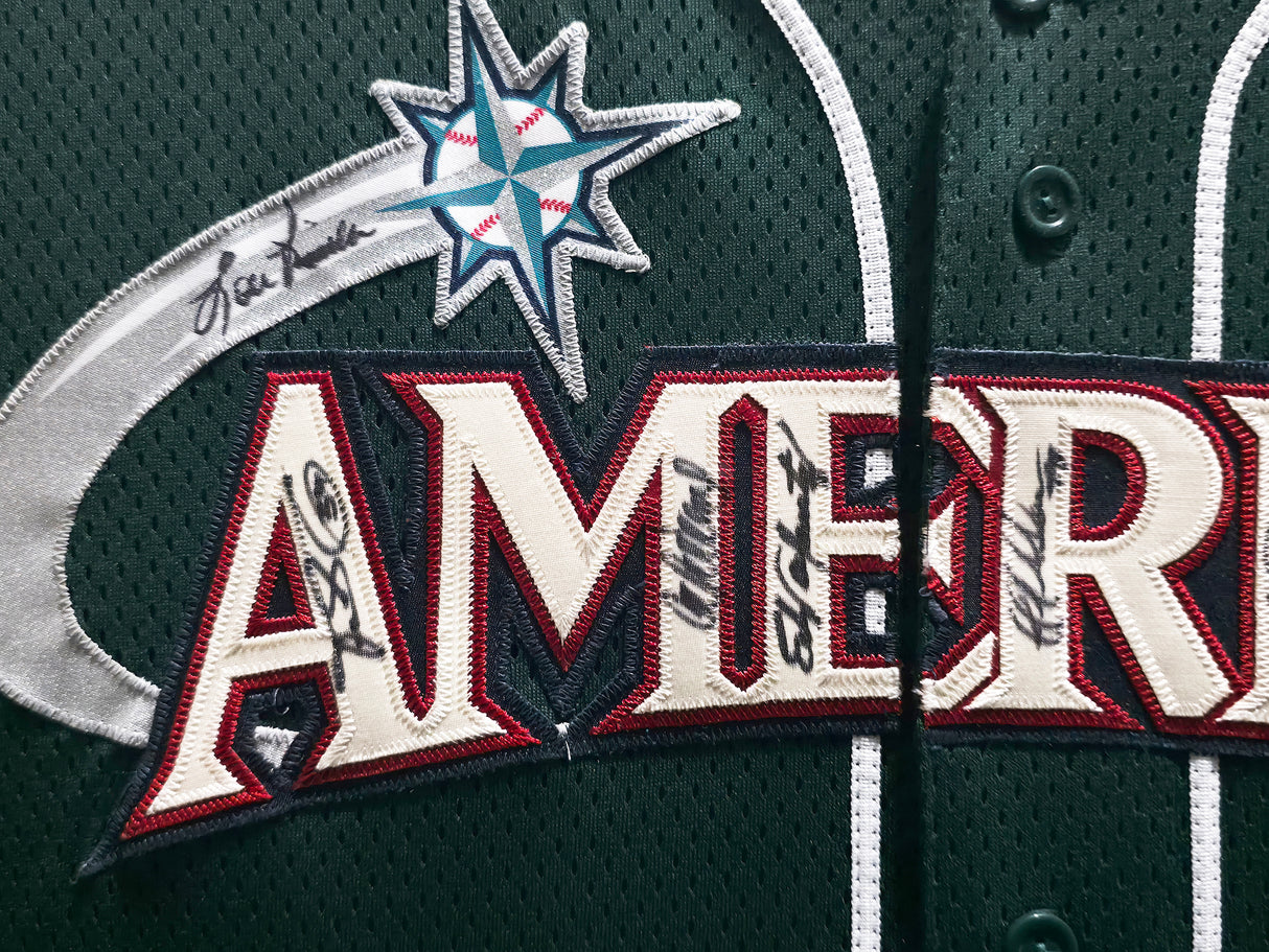 2001 Seattle Mariners All Star Team Autographed Framed Green Majestic Jersey With 9 Signatures Including Ichiro Suzuki Beckett BAS #AE16698