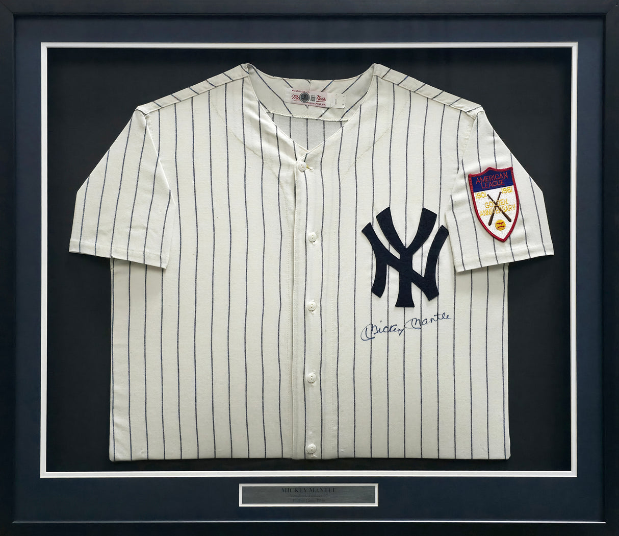 New York Yankees Mickey Mantle Autographed Framed White Pinstripes Mitchell & Ness AL 50th Anniversary Jersey Beckett BAS #AE15125
