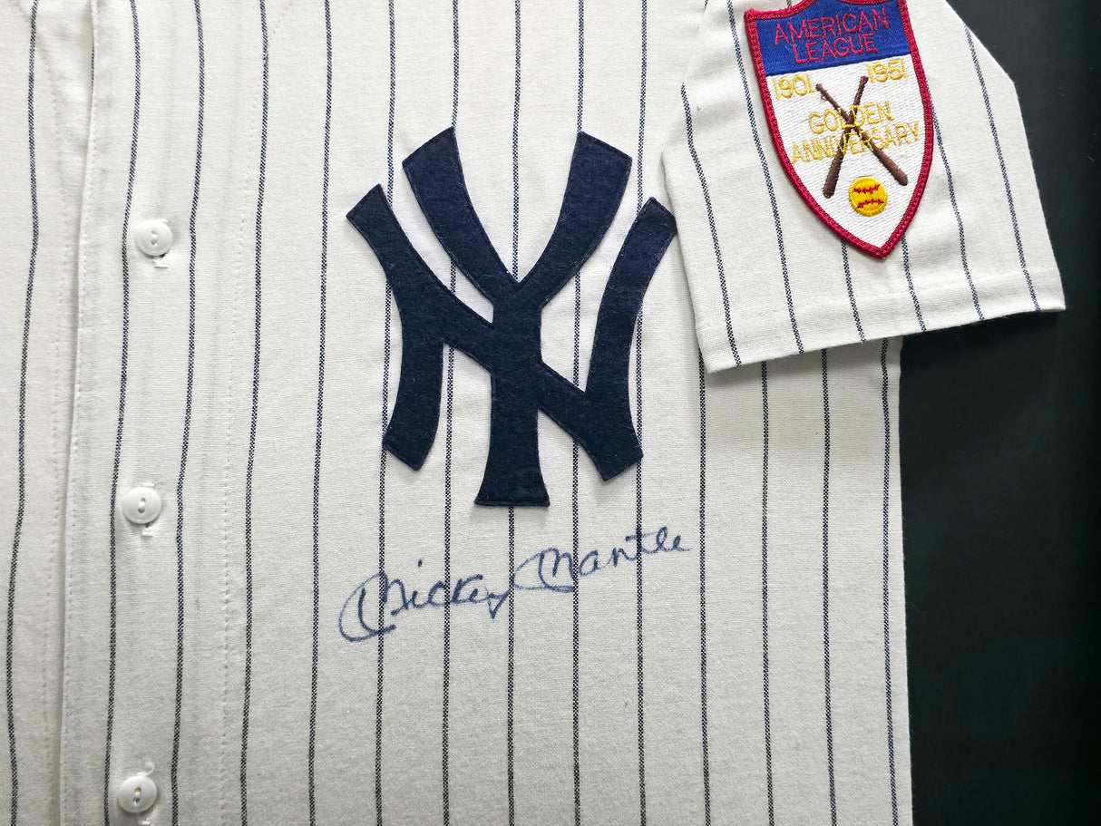 New York Yankees Mickey Mantle Autographed Framed White Pinstripes Mitchell & Ness AL 50th Anniversary Jersey Beckett BAS #AE15125