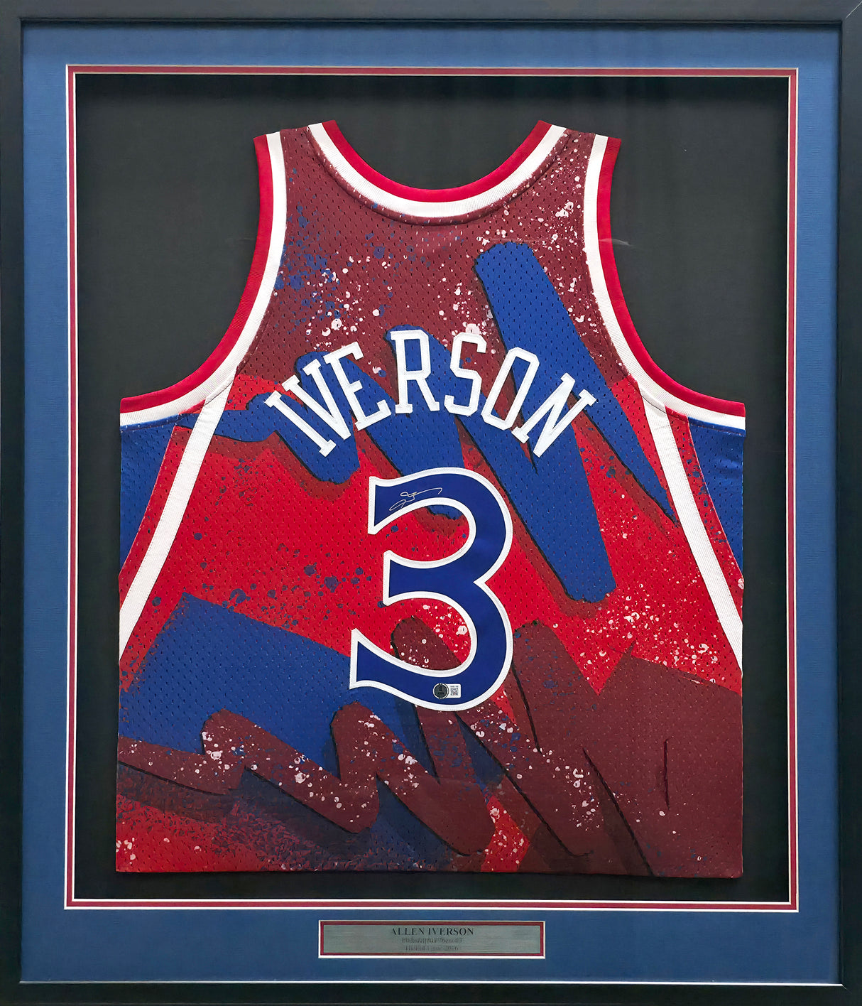 Philadelphia 76ers Allen Iverson Autographed Framed Red & Blue Mitchell & Ness HWC Swingman Jersey Beckett BAS Witness #AW901185