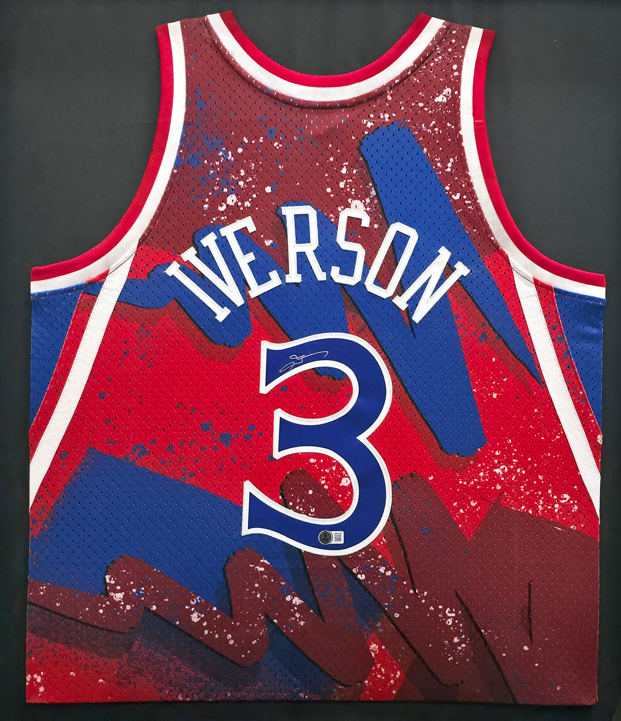 Philadelphia 76ers Allen Iverson Autographed Framed Red & Blue Mitchell & Ness HWC Swingman Jersey Beckett BAS Witness #AW901185