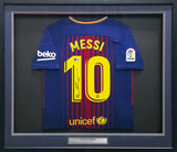 2018-19 FC Barcelona Lionel Messi Autographed Framed Red & Blue Nike Jersey Beckett BAS Witness #2W114075