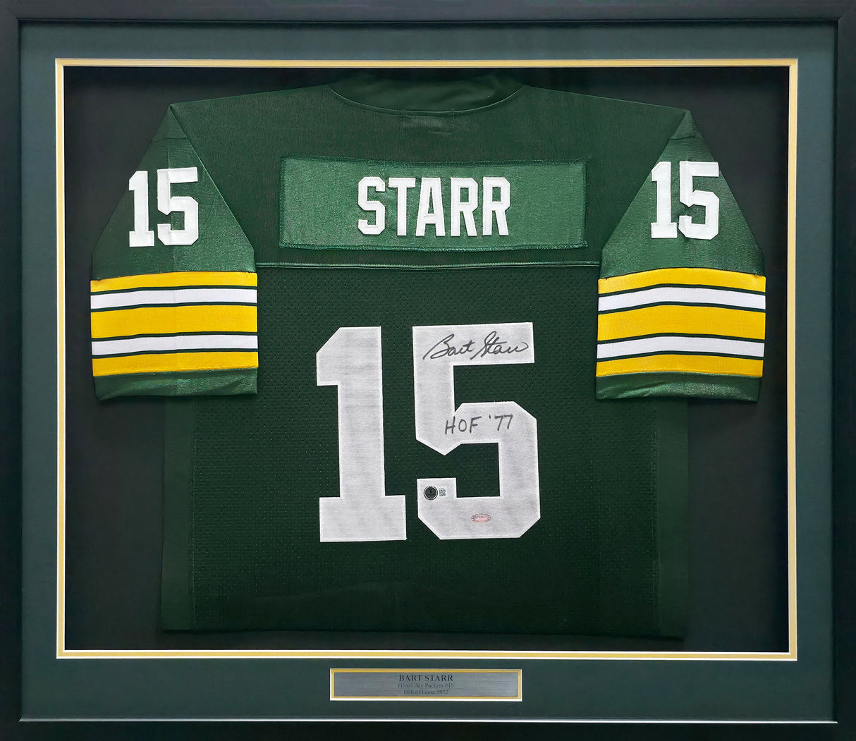 Green Bay Packers Bart Starr Autographed Framed Green Mitchell & Ness Jersey "HOF 77" Beckett BAS #AE49028