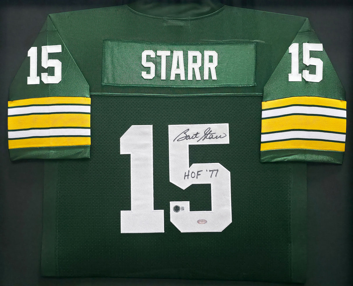 Green Bay Packers Bart Starr Autographed Framed Green Mitchell & Ness Jersey "HOF 77" Beckett BAS #AE49028