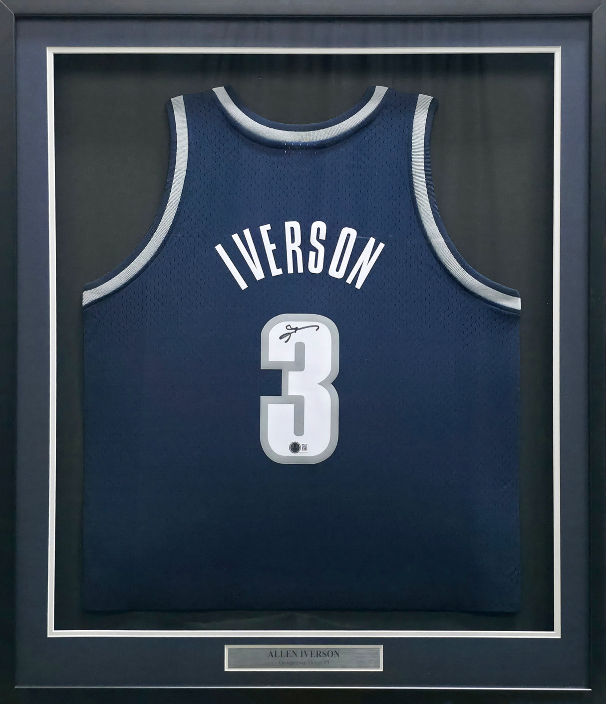 Georgetown Hoyas Allen Iverson Autographed Framed Blue Mitchell & Ness HWC Swingman Jersey Beckett BAS Witness #1W901187