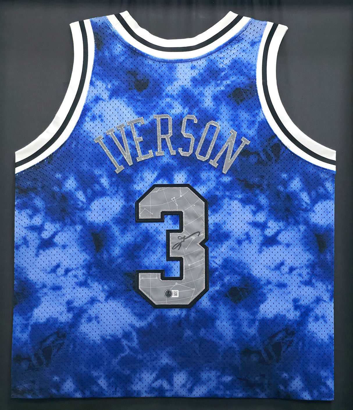 Philadelphia 76ers Allen Iverson Autographed Framed Blue & Gray Mitchell & Ness HWC Swingman Jersey Beckett BAS Witness #1W901186