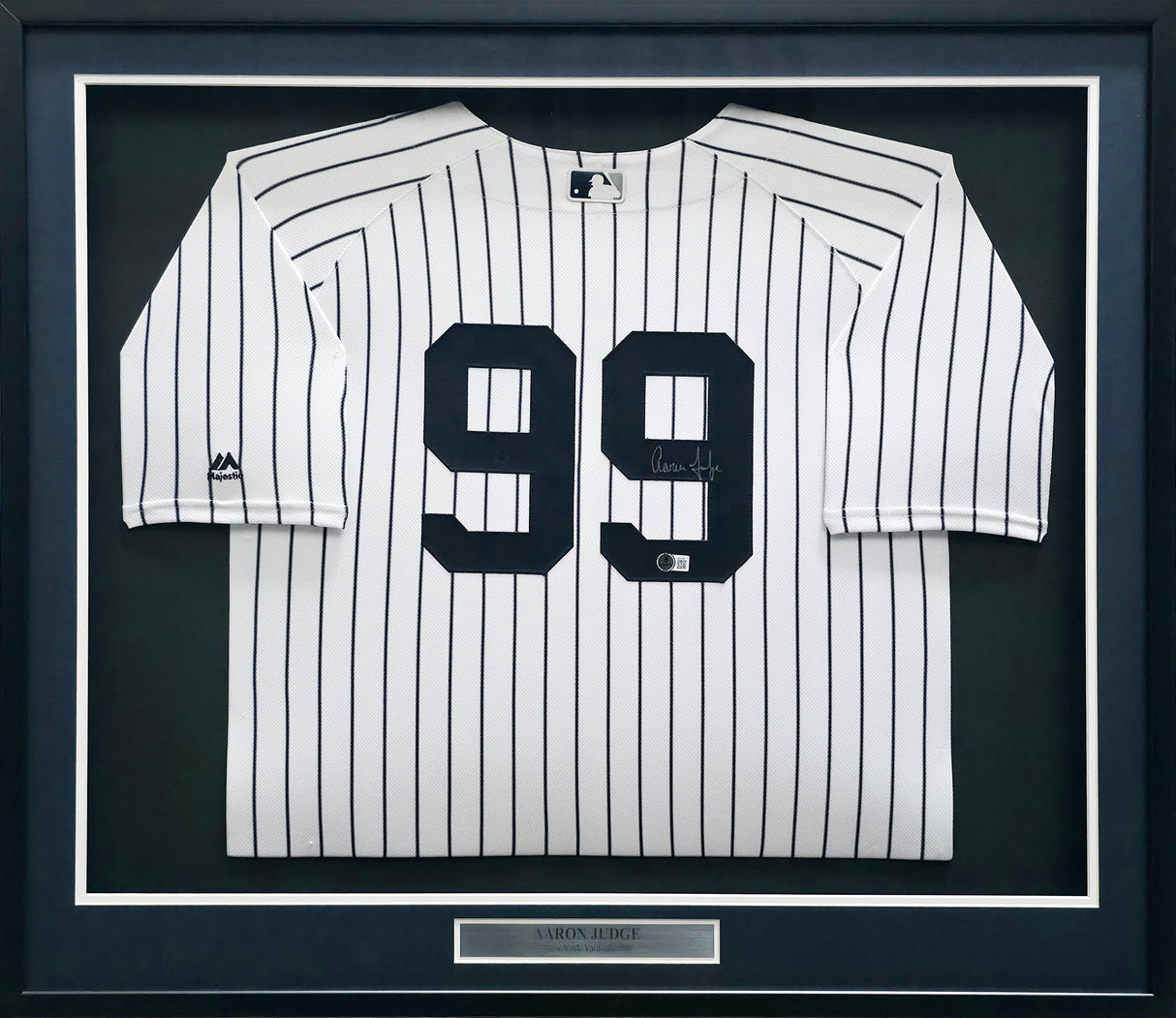 New York Yankees Aaron Judge Autographed Framed White Pinstripes Majestic Jersey Beckett BAS QR #AE31367