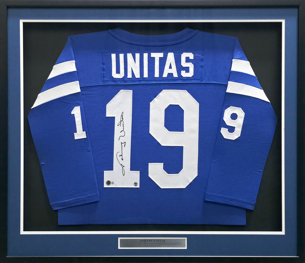 Baltimore Colts Johnny Unitas Autographed Framed Blue Jersey Beckett BAS #AE49031
