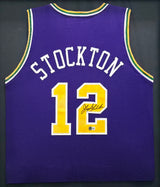 Utah Jazz John Stockton Autographed Framed Purple Jersey Beckett BAS Witness Stock #266057