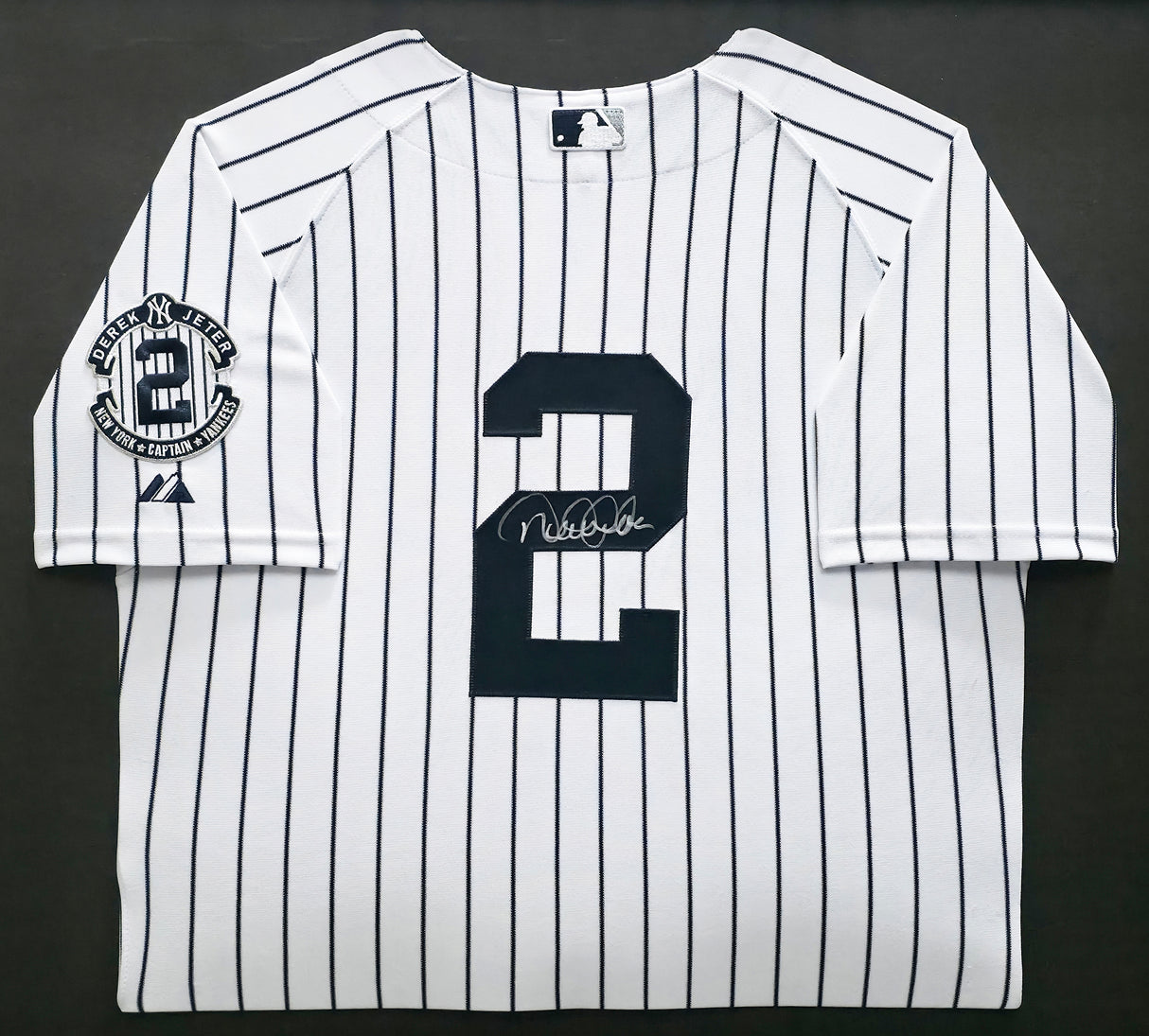 New York Yankees Derek Jeter Autographed Framed White Pinstripes Majestic Captain Patch Jersey Beckett BAS #AC97025