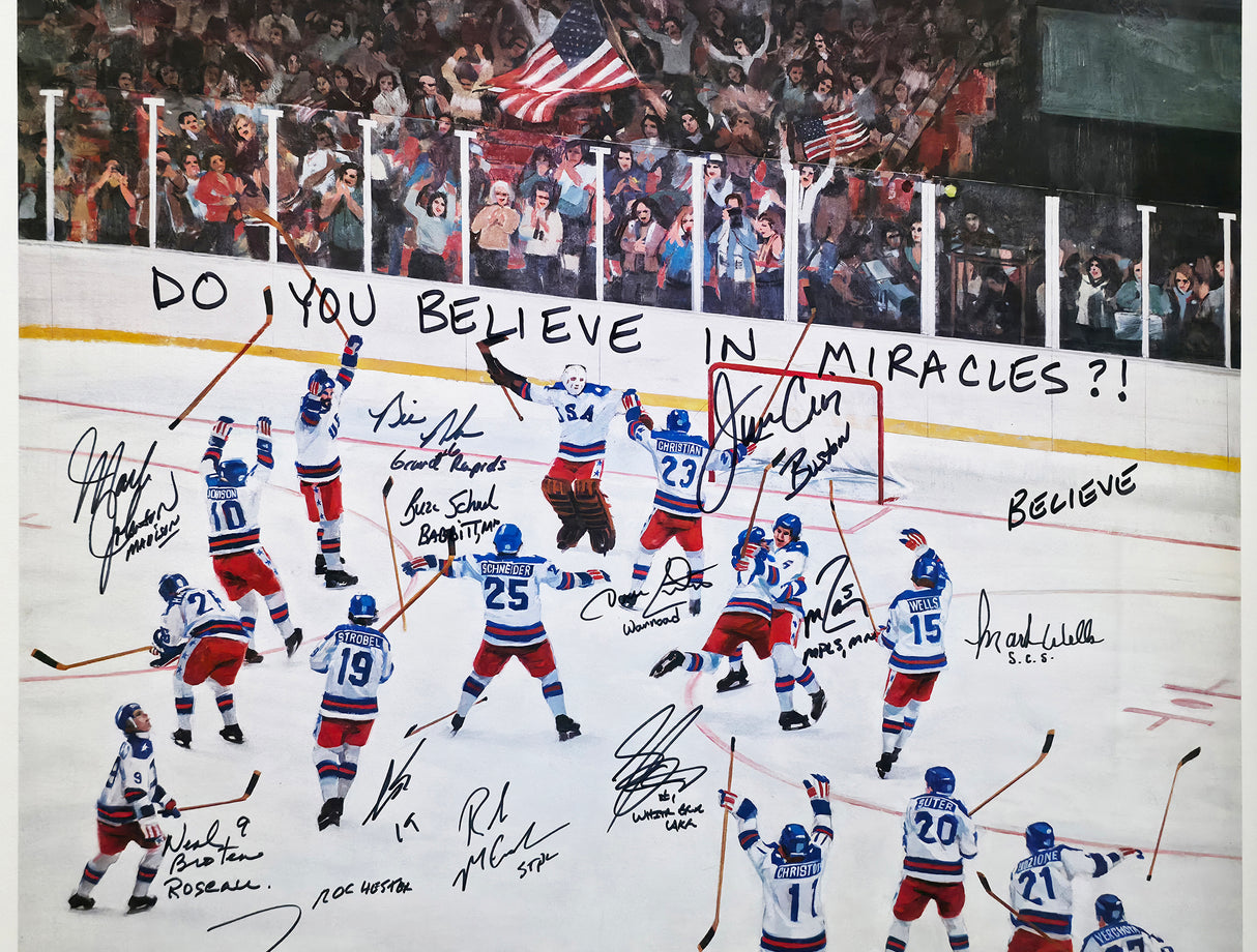 1980 Team USA Miracle on Ice Autographed Framed 24x30 Lithograph With 20 Signatures Including Herb Brooks #6/6 Beckett BAS #AC40042