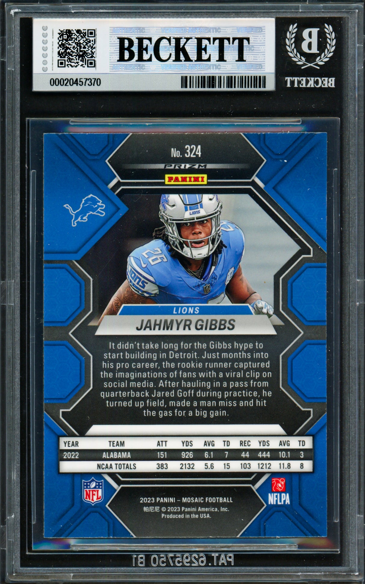 Jahmyr Gibbs Autographed 2023 Panini Mosaic Rookie Card #324 Detroit Lions Beckett BAS #20457370
