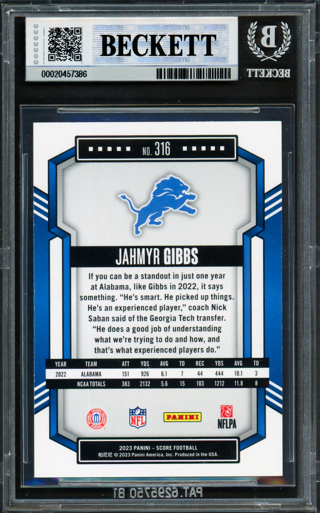 Jahmyr Gibbs Autographed 2023 Score Rookie Card #316 Detroit Lions Beckett BAS #20457386