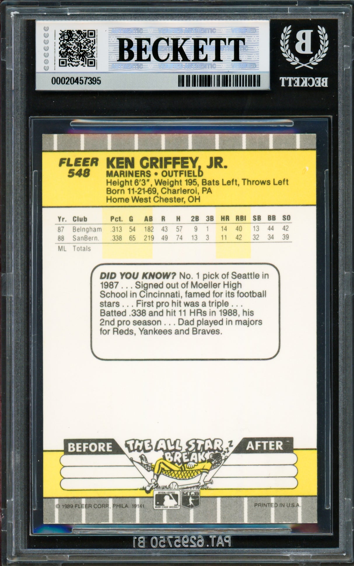 Ken Griffey Jr. Autographed 1989 Fleer Rookie Card #548 Seattle Mariners Beckett BAS #20457395