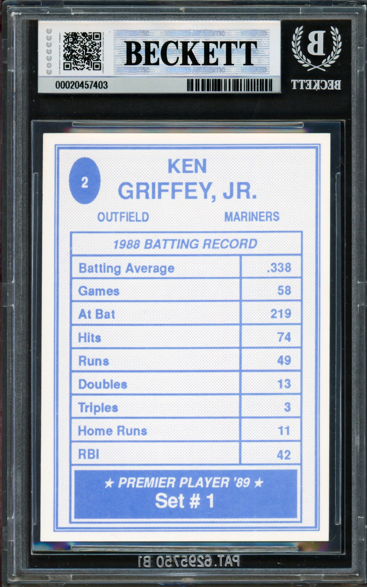 Ken Griffey Jr. Autographed 1989 Premier Player Card #2 Seattle Mariners Beckett BAS #20457403