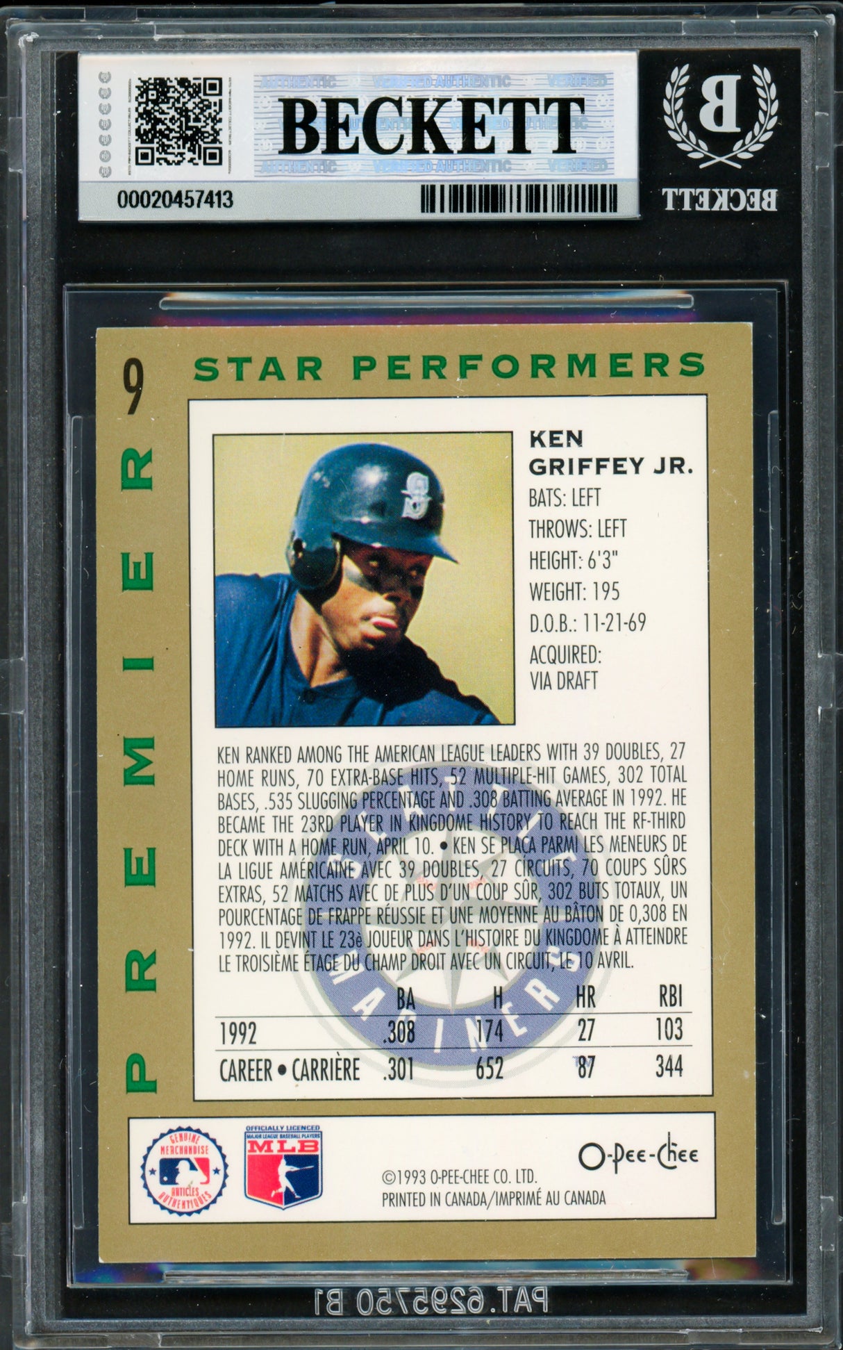 Ken Griffey Jr. Autographed 1993 O Pee Chee Premier Star Performers Card #9 Seattle Mariners Beckett BAS #20457413