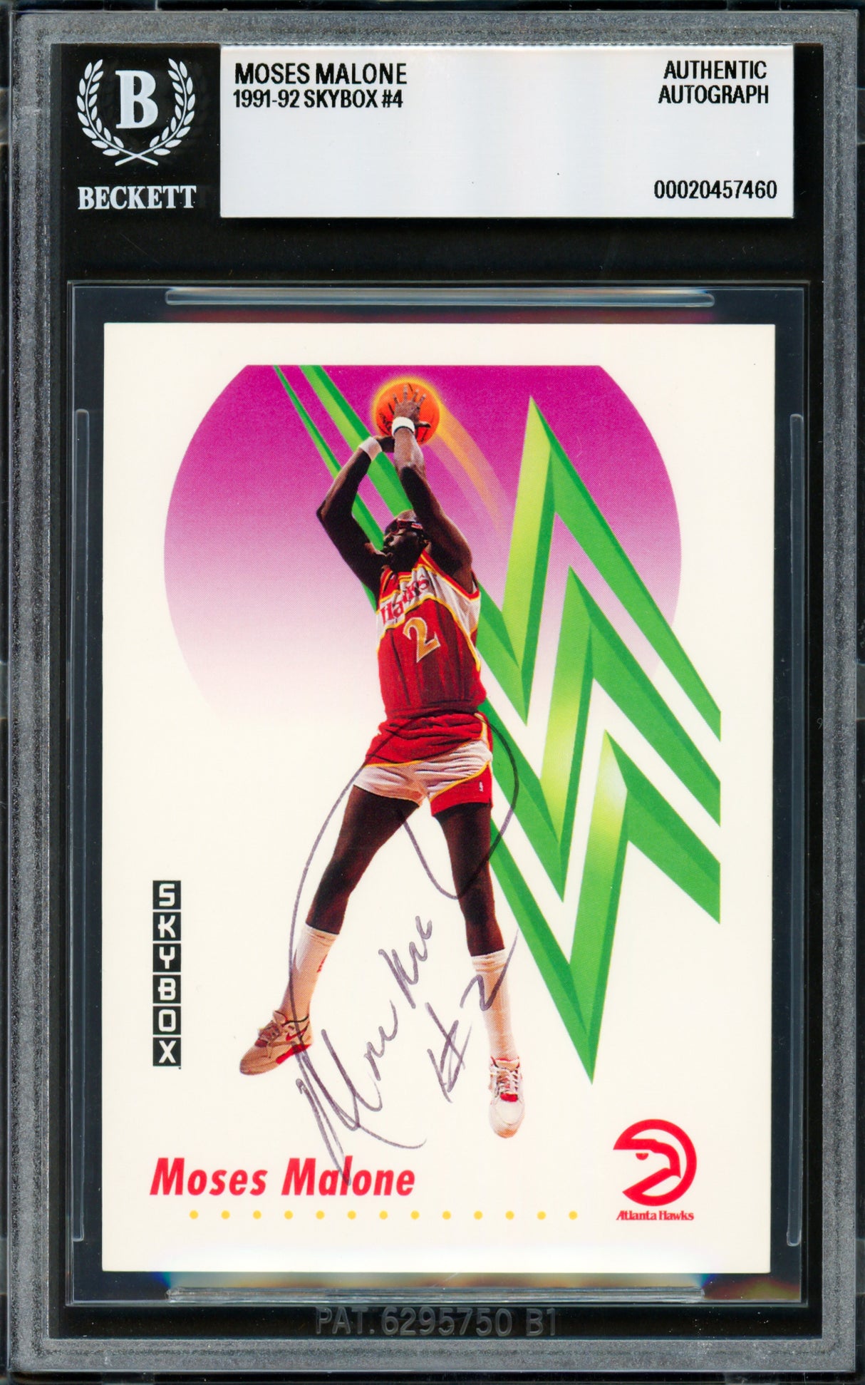Moses Malone Autographed 1991-92 Skybox Card #4 Atlanta Hawks Beckett BAS #20457460