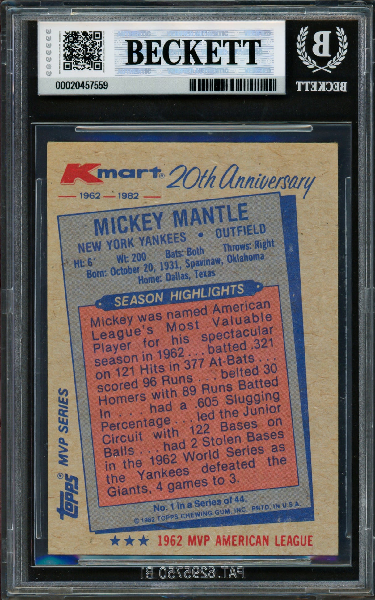 Mickey Mantle Autographed 1982 Topps K-Mart Card #1 New York Yankees Beckett BAS #20457559