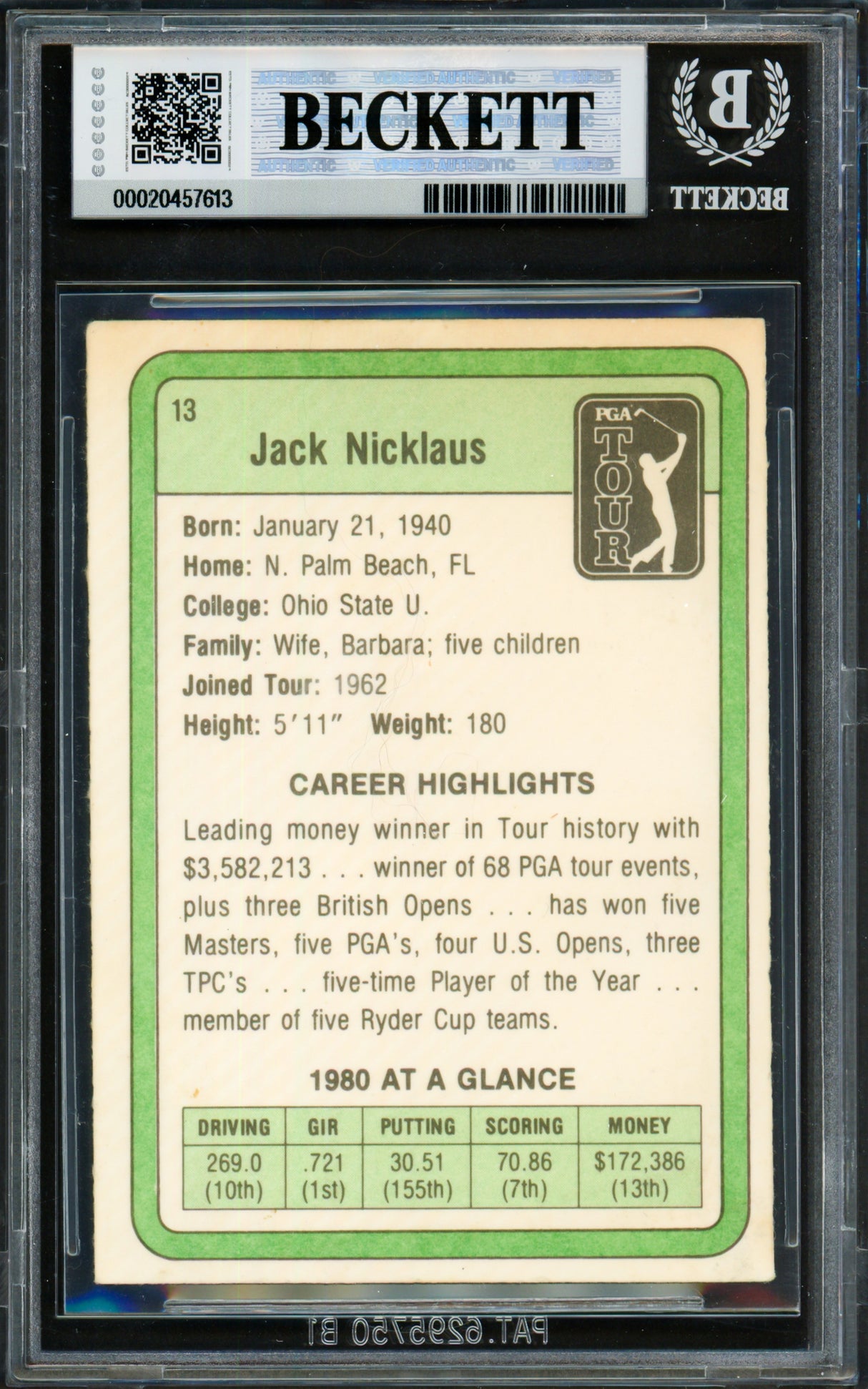 Jack Nicklaus Autographed 1981 Donruss Card #13 Beckett BAS #20457613