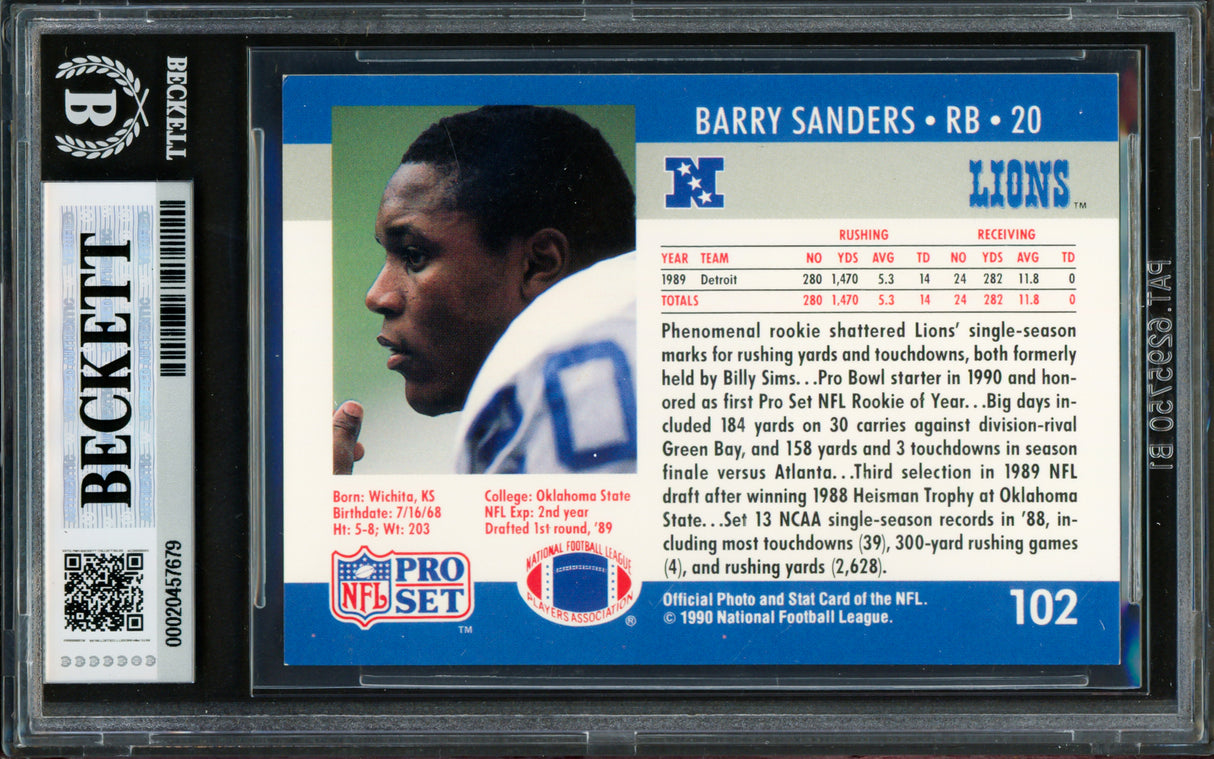 Barry Sanders Autographed 1990 Pro Set Card #102 Detroit Lions Beckett BAS #20457679
