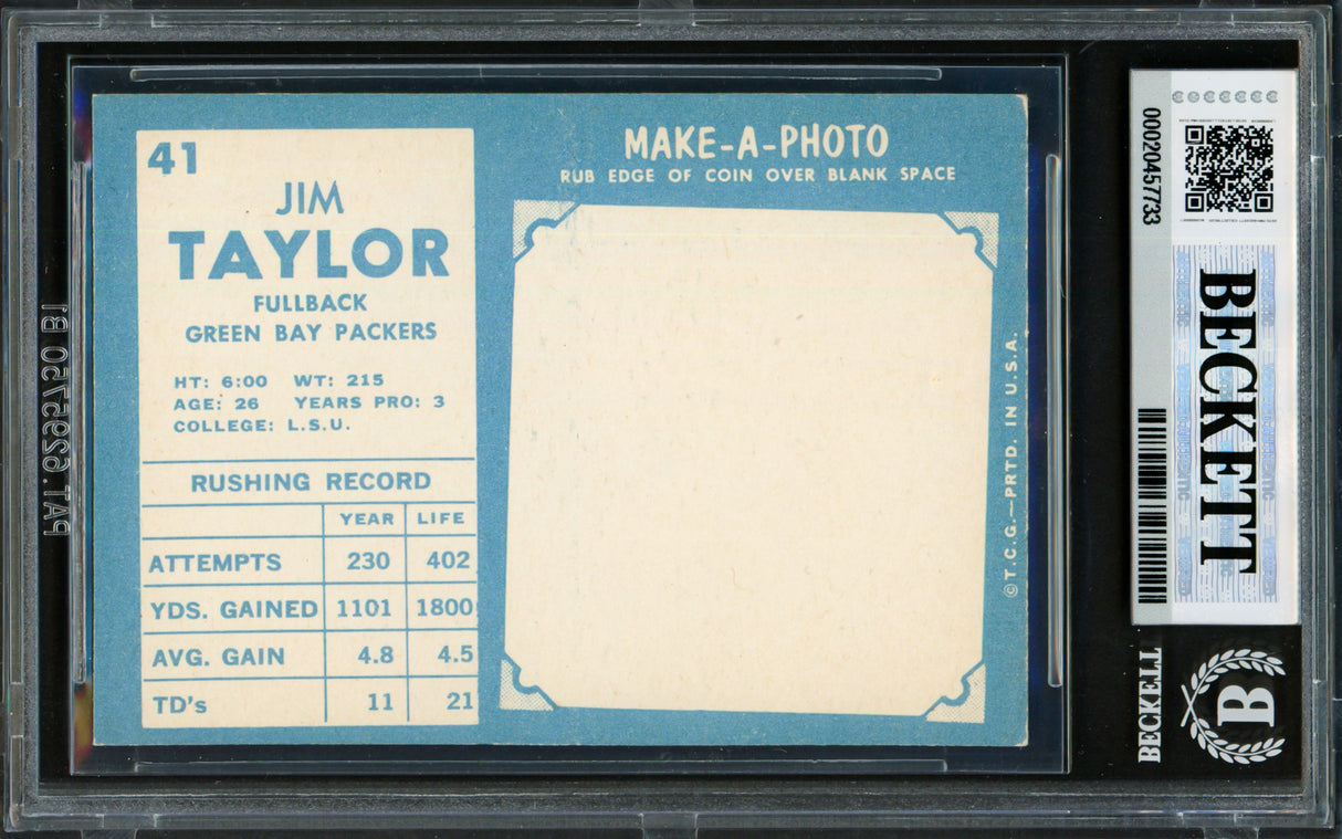 Jim Taylor Autographed 1961 Topps Card #41 Green Bay Packers Beckett BAS #20457733