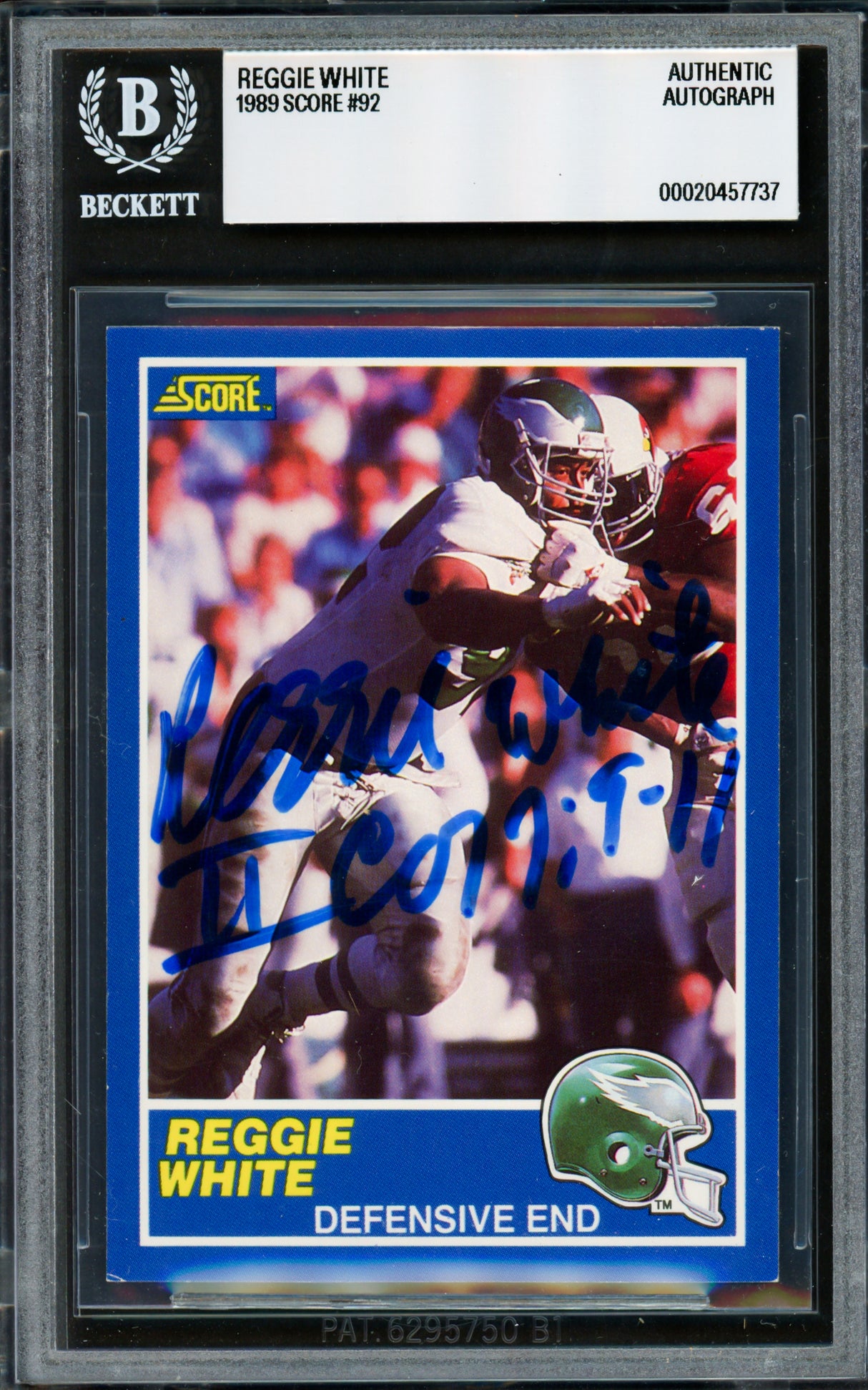 Reggie White Autographed 1989 Score Card #92 Philadelphia Eagles Beckett BAS #20457737
