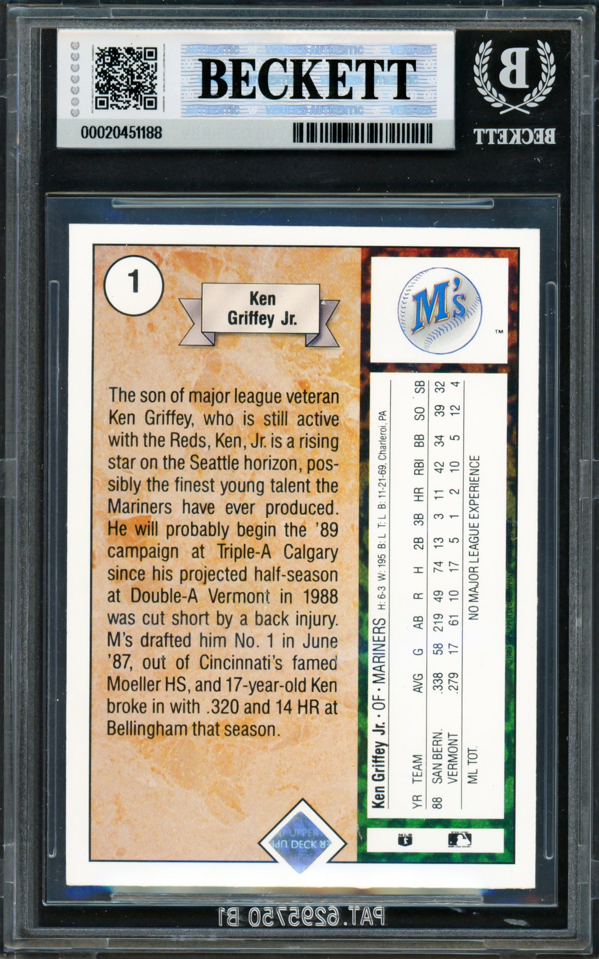 Ken Griffey Jr. Autographed 1989 Upper Deck Rookie Card #1 Seattle Mariners BGS 8 Auto Grade Gem Mint 10 Beckett BAS #20451188