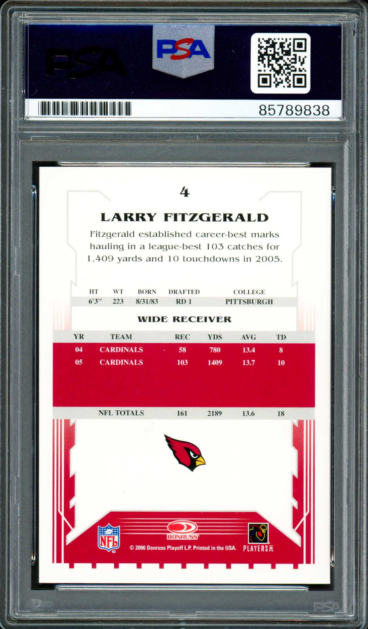 Larry Fitzgerald Autographed 2006 Score Card #4 Arizona Cardinals Auto Grade Gem Mint 10 PSA/DNA #85789838