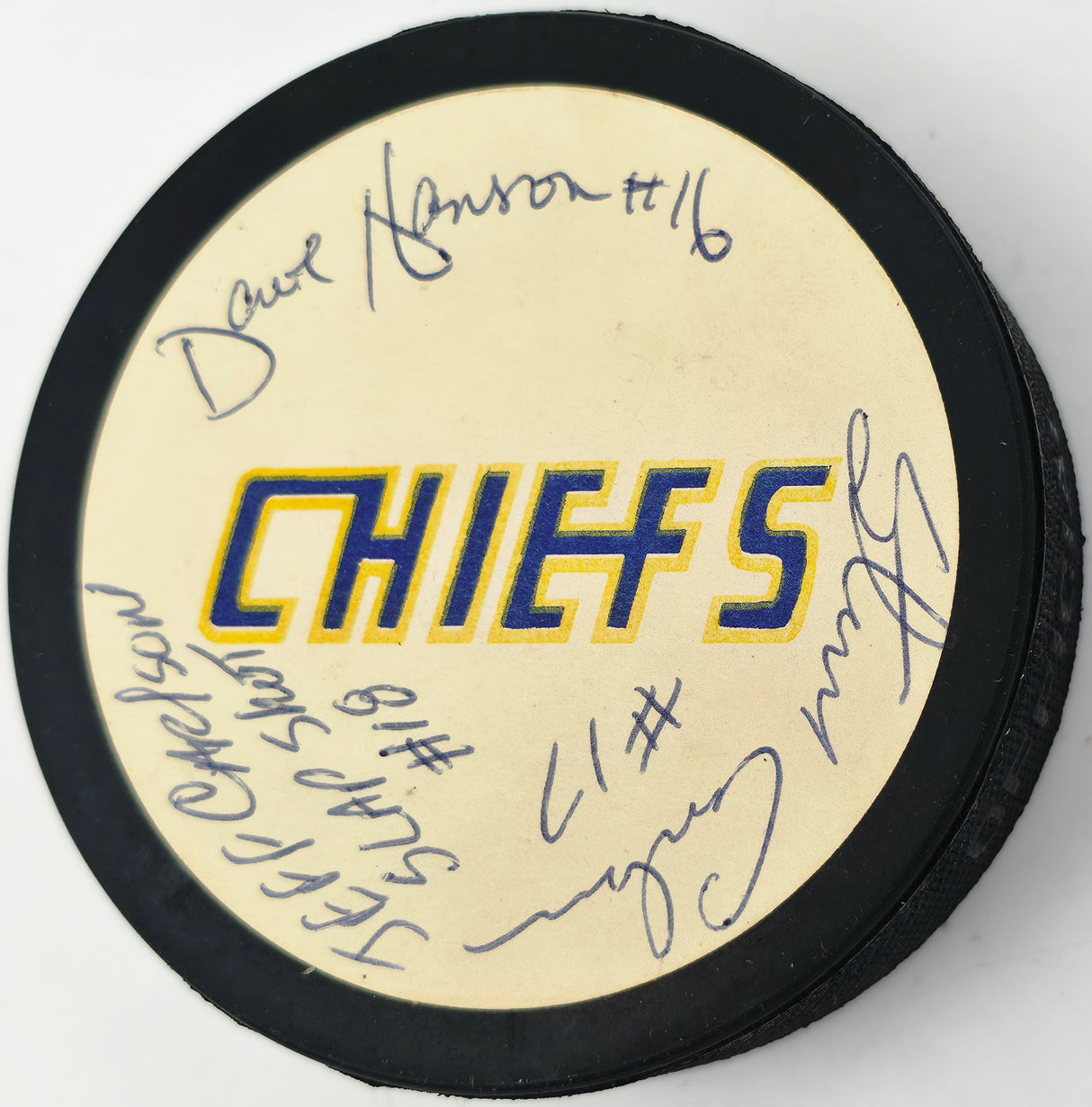 Hanson Brothers Autographed Official Chiefs Logo Hockey Puck Slap Shot SKU #266841