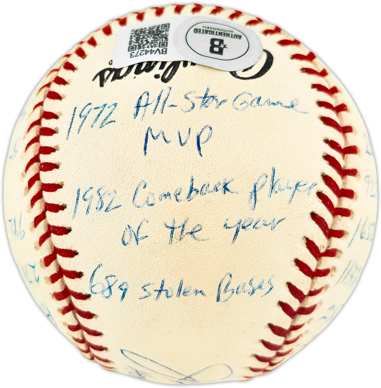 Joe Morgan Autographed Official NL Baseball Cincinnati Reds With 20 Stats Beckett BAS QR #BV44273