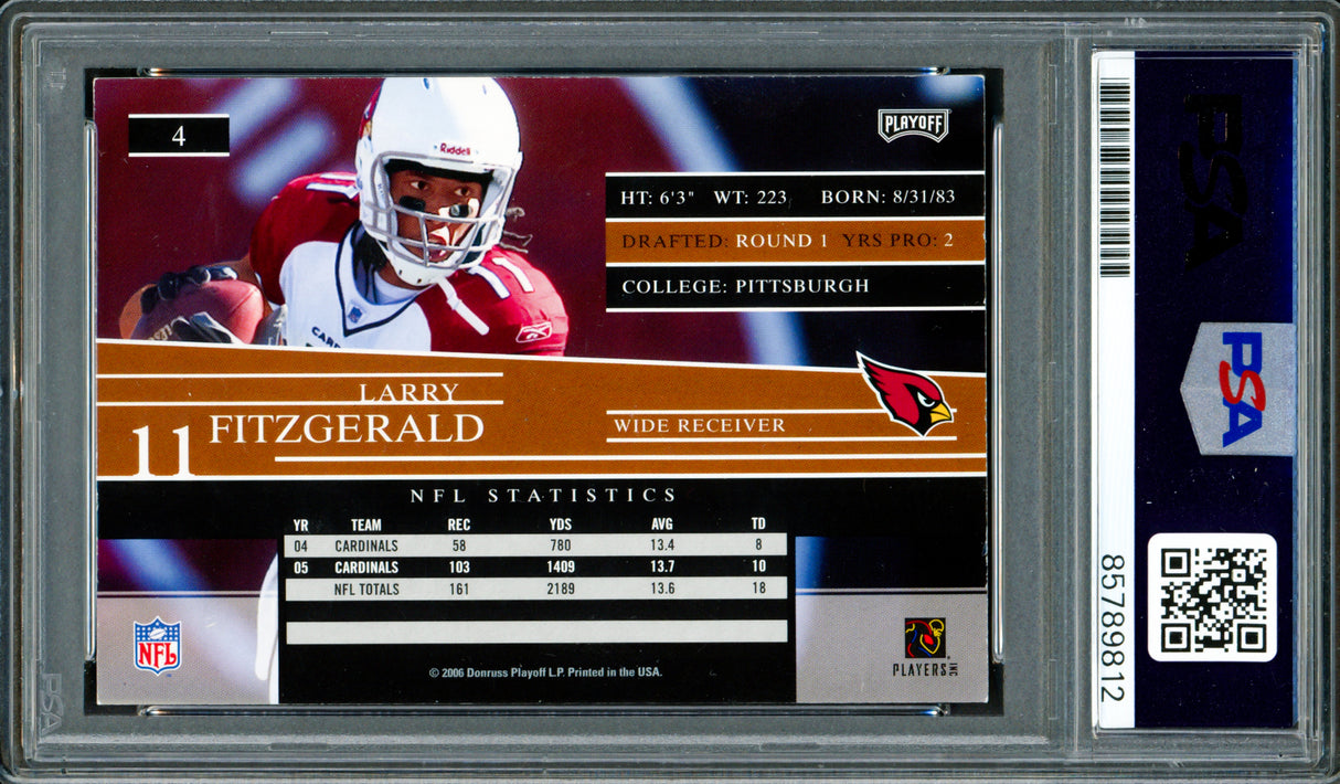 Larry Fitzgerald Autographed 2006 Playoff Prestige Card #4 Arizona Cardinals Auto Grade Gem Mint 10 PSA/DNA #85789812