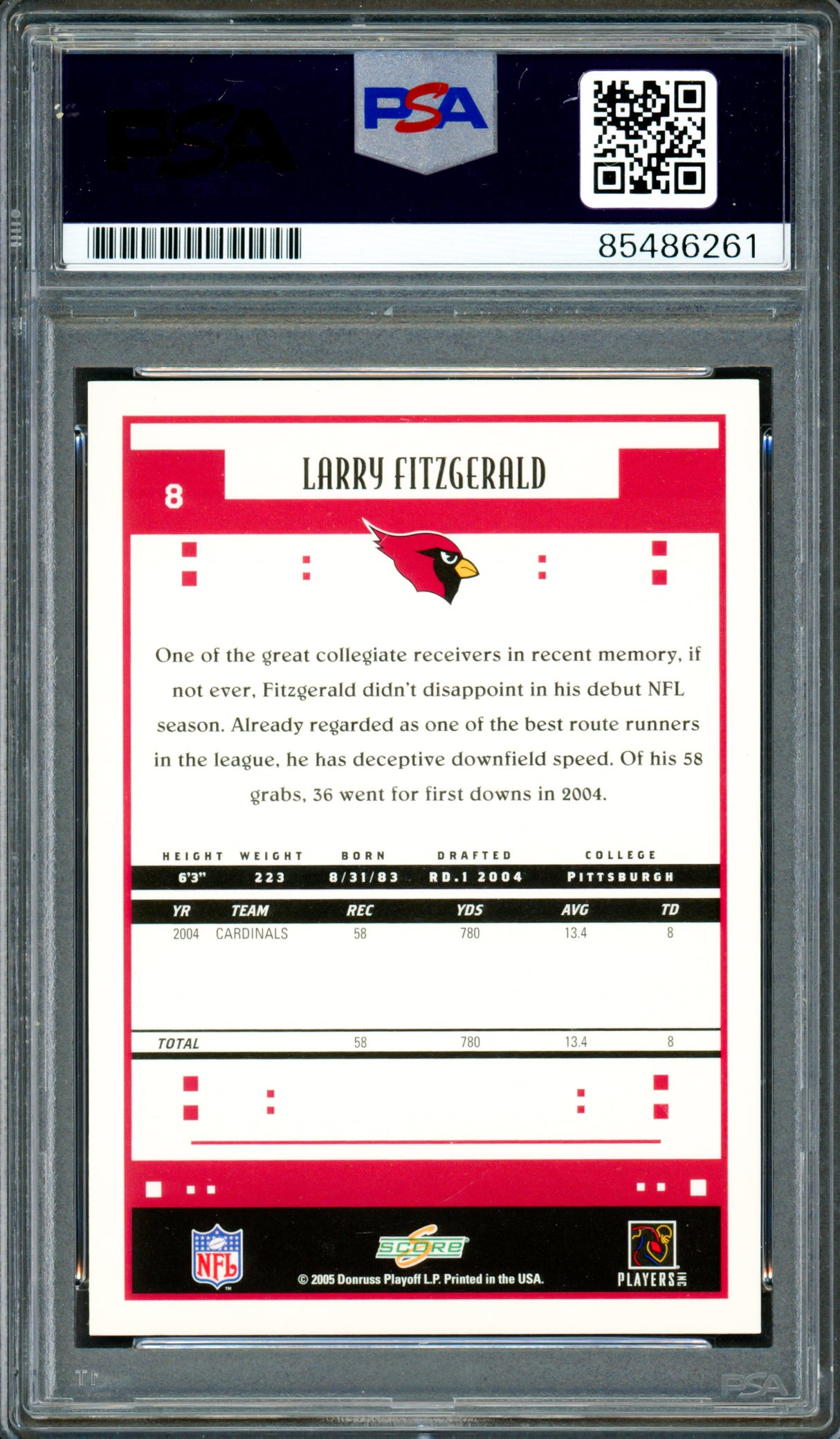 Larry Fitzgerald Autographed 2005 Score Card #8 Arizona Cardinals Auto Grade Gem Mint 10 PSA/DNA #85486261