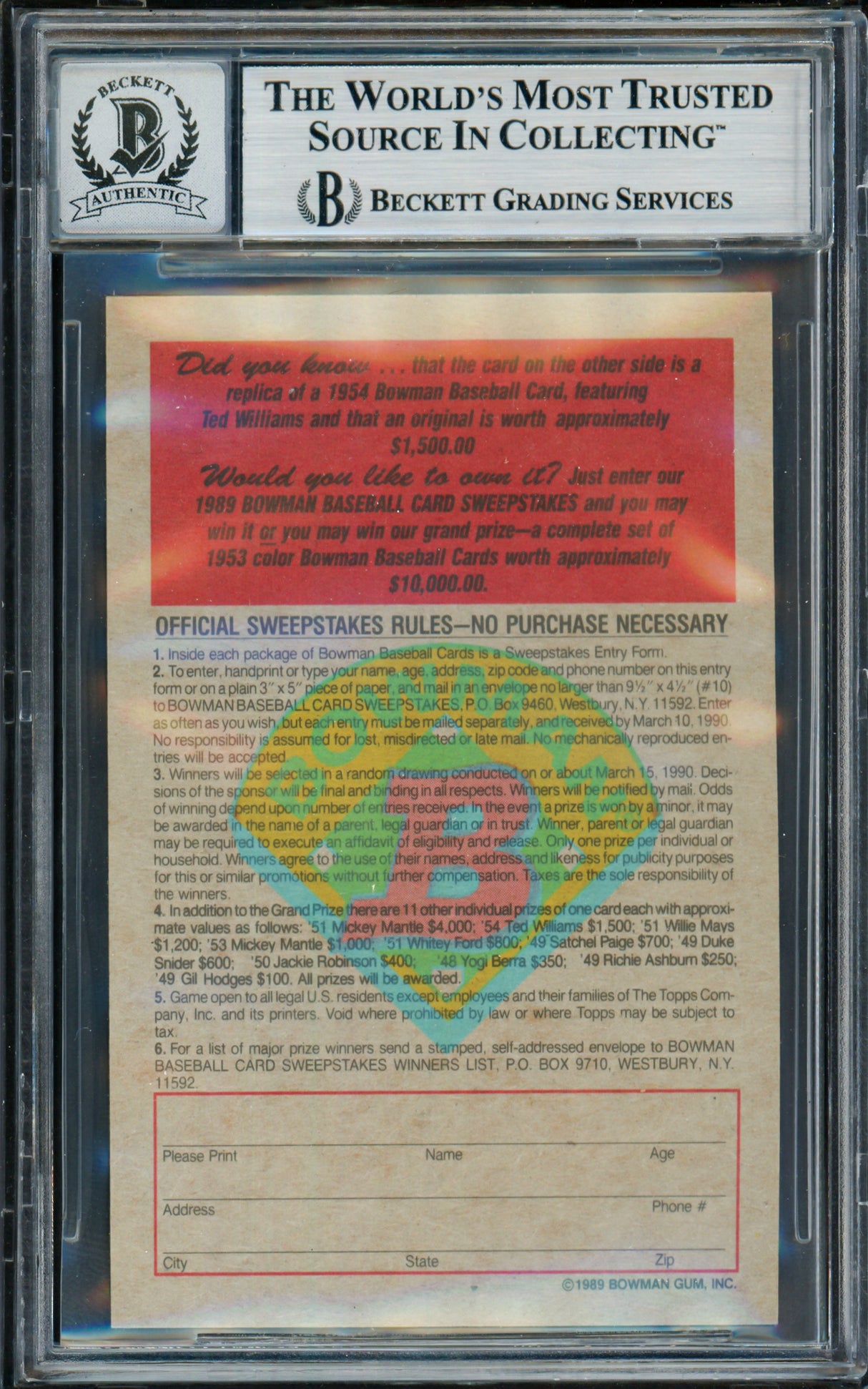 Ted Williams Autographed 1989 Bowman Card #11 Boston Red Sox Auto Grade Gem Mint 10 Beckett BAS #19374069