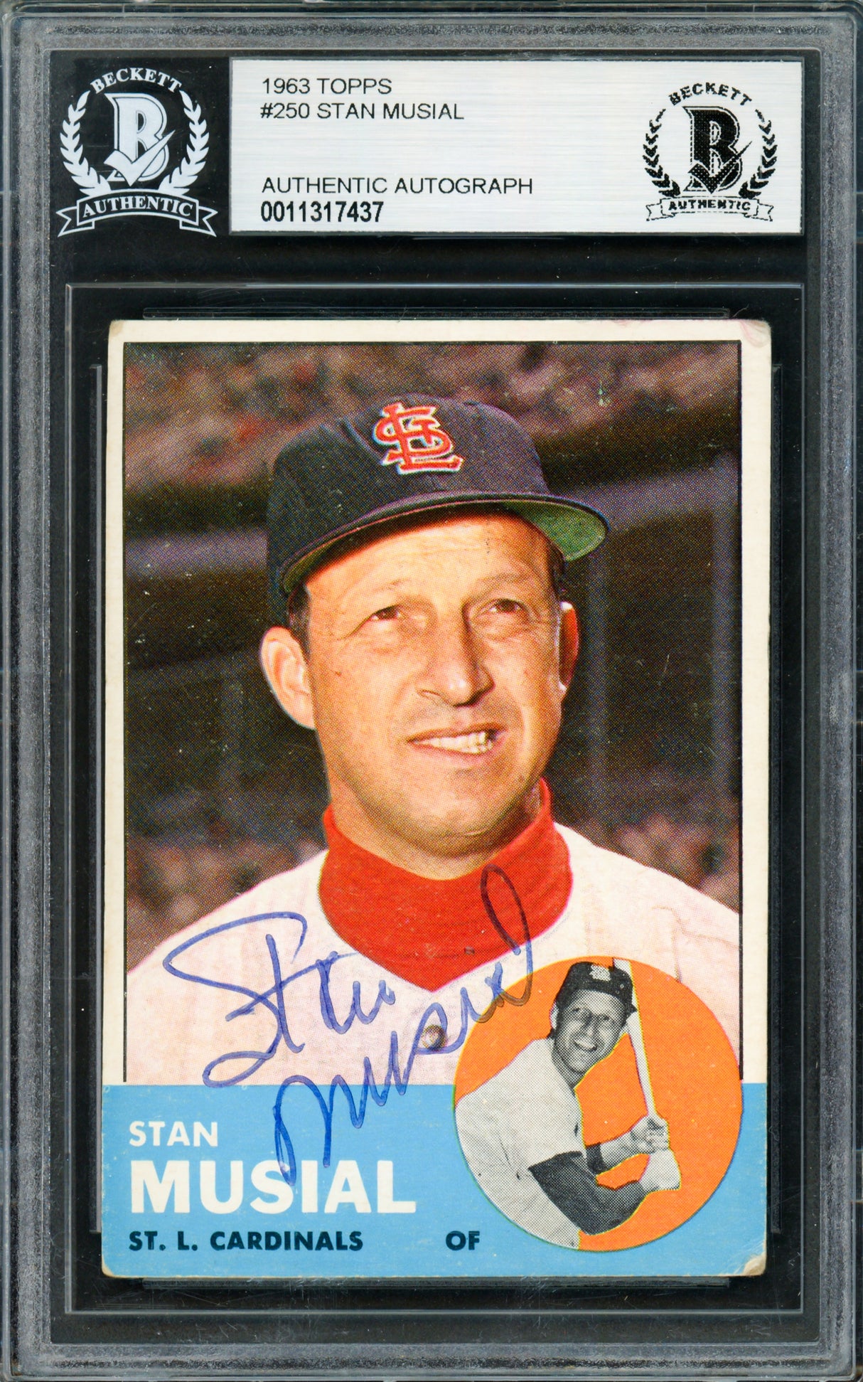 Stan Musial Autographed 1963 Topps Card #250 St. Louis Cardinals Beckett BAS #11317437