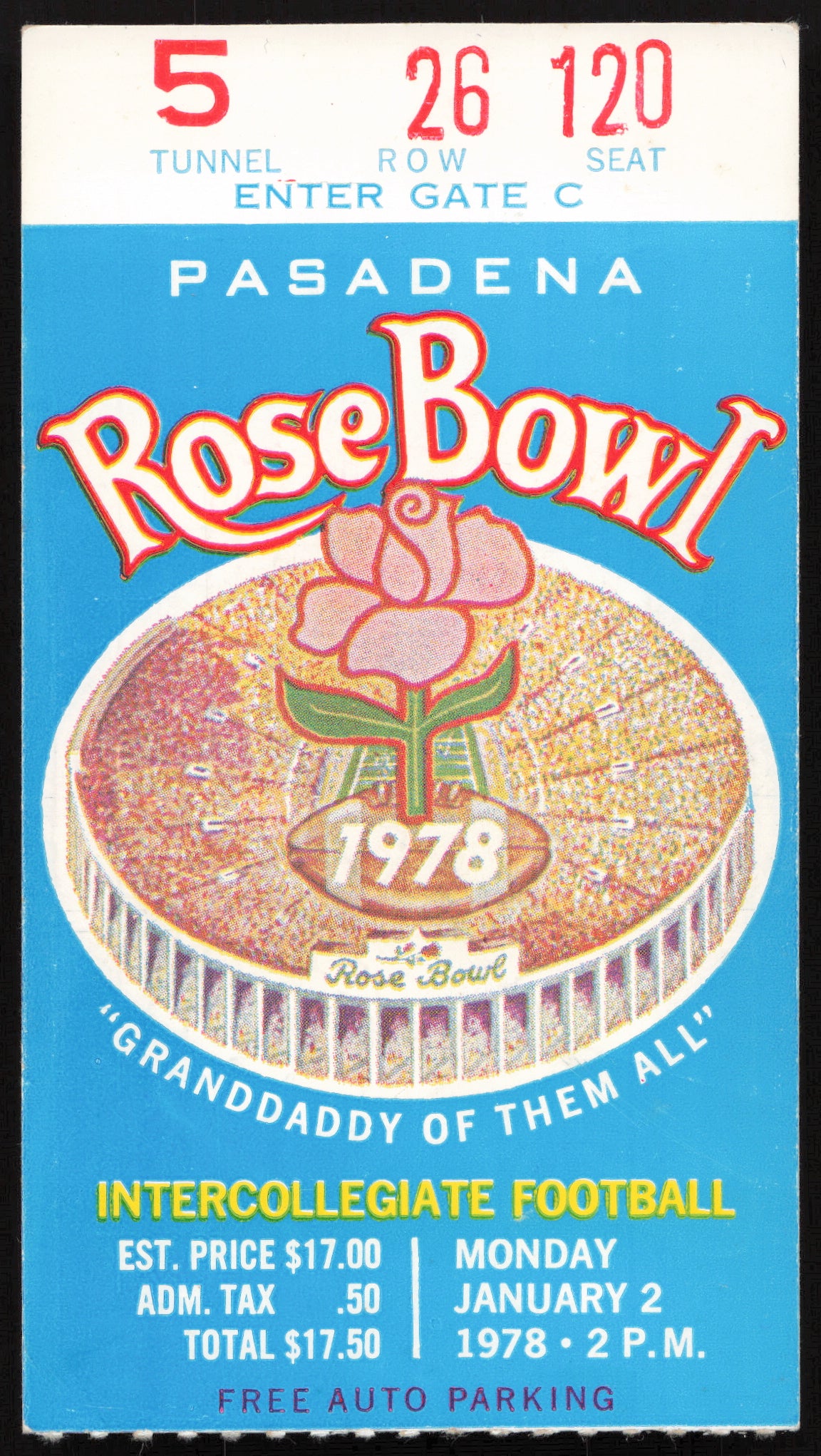 Unsigned 1978 Rose Bowl Ticket Stub Washington vs. Michigan SKU #267029