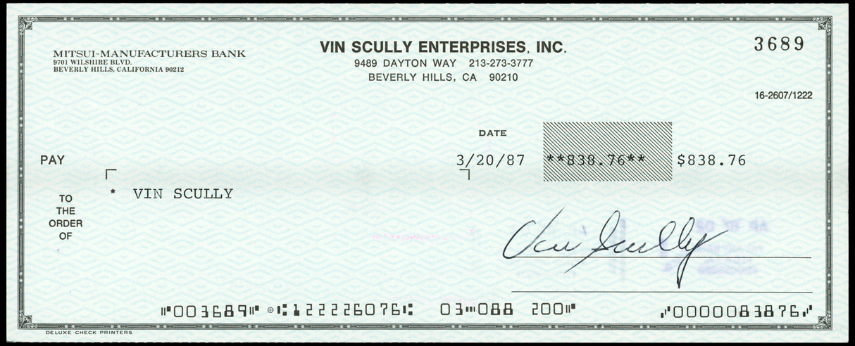 Vin Scully Autographed Check Los Angeles Dodgers Dual Signed PSA/DNA #AQ42547